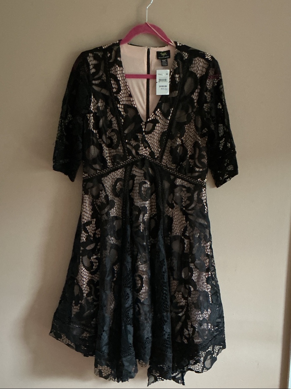NWT Taylor Black Lace V-Neck Dress with Blush Lining